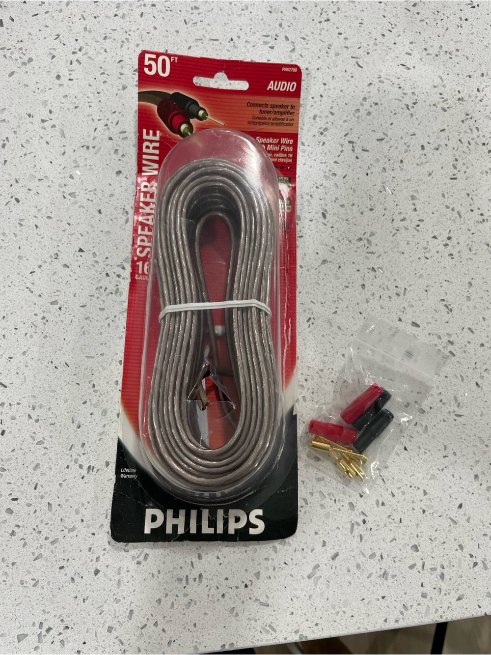 Philips 16 gauge Silver Speaker Wire with Red and Black Banana Plugs - 50ft